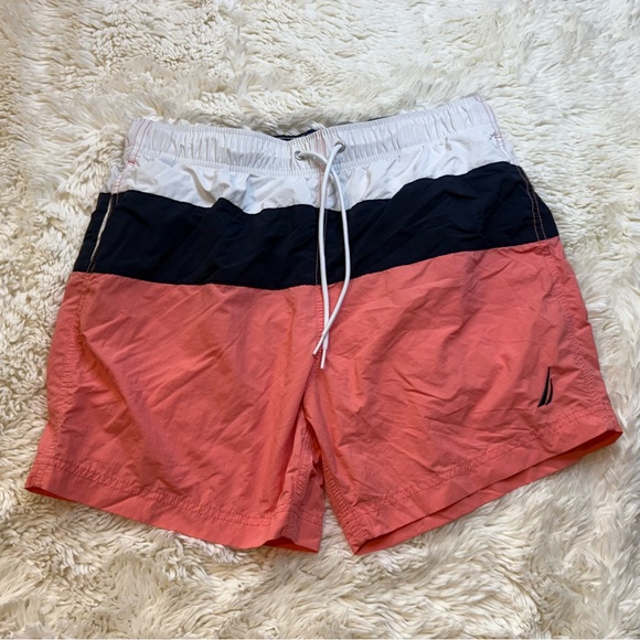 Nautica Men's medium Swim Trunks Pink/Navy/white lining cut out 5-1/2” inseam - Picture 1 of 7